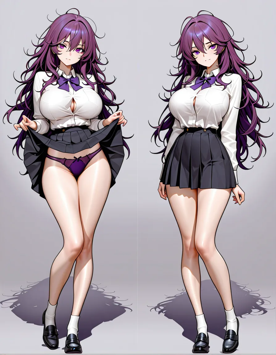 A purple long messy hair and purple eyes girl with big boobs and narrow_waist wearing a thight white school_uniform tucked with black skirt in school lifting_own_clothes and showing purple panties full body, hentai_studio_quality
