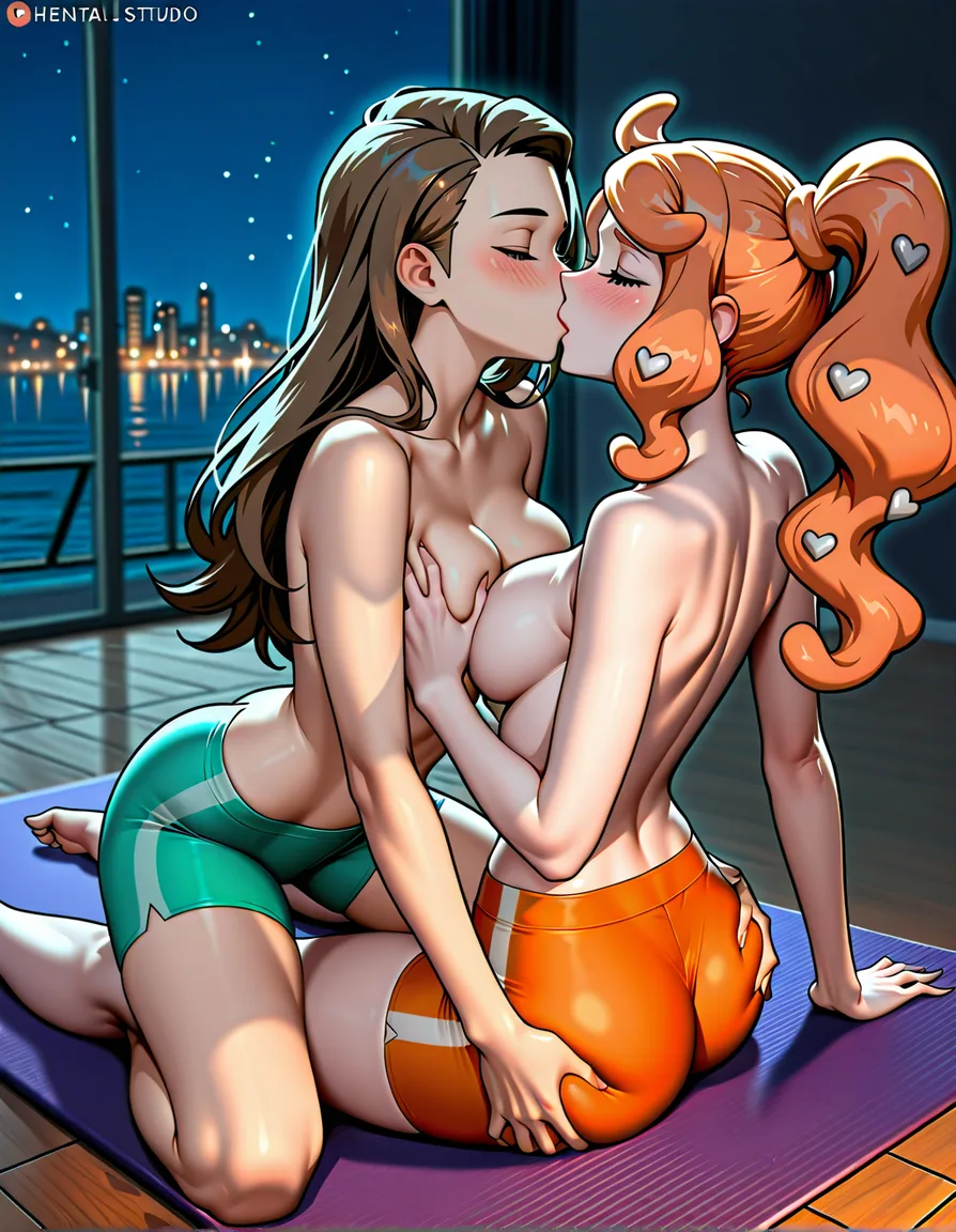 2girls, multiple_girls, @sonia_(pokemon), @professor_sada_(pokemon), topless, yuri, lesbian, aqua bike_shorts, orange bike_shorts, standing, grabbing_another's_breast, grabbing_another's_ass, blush, kissing, on yoga mat, night., hentai_studio_quality