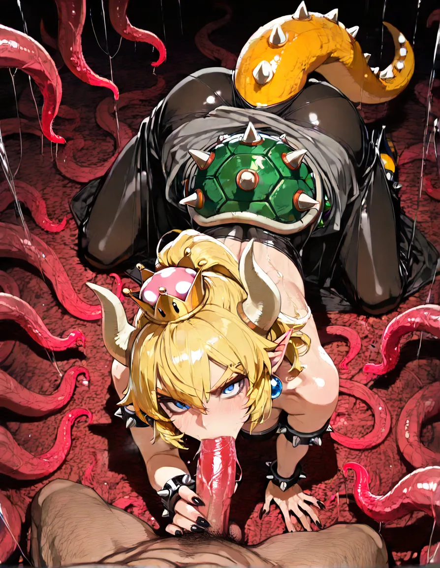 bowsette , all_fours , tentacles , fellatio, hentai_studio_quality