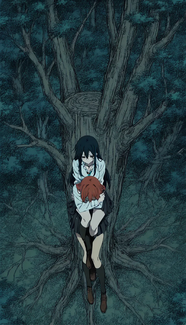 best quality, intricate details, 2girls, scar, jewelry, embrace, grinding, tree, from above, dramatic lighting, highly detailed anime