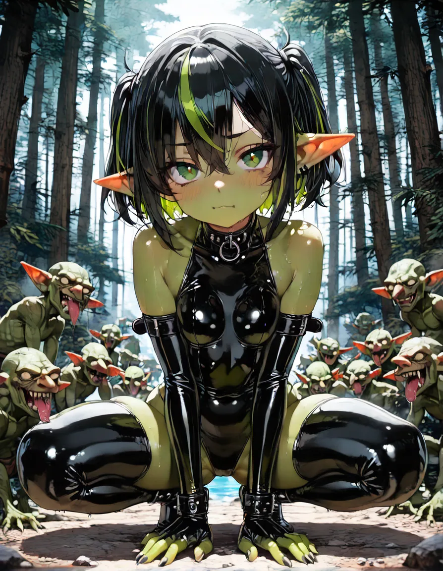 stylized, cute, goblin, black_hair, green_eyes, green_highlights, latex,, hentai_studio_quality