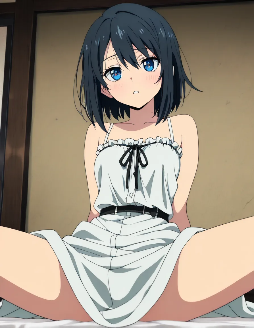 masterpiece, clean art, solo focus, dress, spread legs, doujin style, (anime style:1.3), 2d, anime screencap, cel shading, flat color