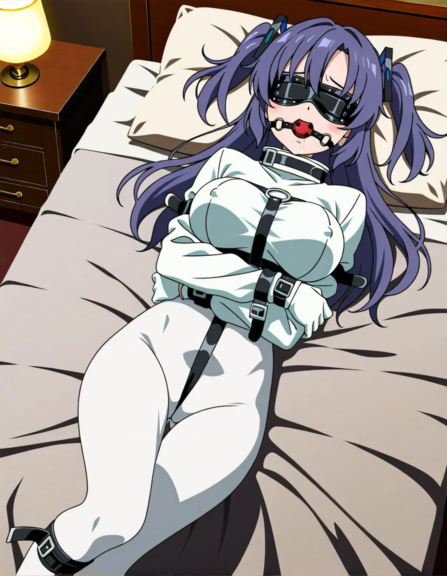 Hayase Yuuka, naked, straitjacket, lying on bed, pillow, white underwear, ball gag, blindfold, bound leg, restrained, white pantyhose, looking_at_viewer , indoors, bedroom, 1girl, bound arm, arm under breast, long sleeves, bdsm, covered nipples, (anime style:1.3), 2d, anime screencap, cel shading, flat color, white gloves, legbinder, (anime style:1.3), 2d, anime screencap, cel shading, flat color, (anime style:1.3), 2d, anime screencap, cel shading, flat color