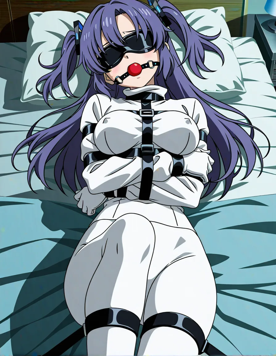 Hayase Yuuka, naked, straitjacket, lying on bed, pillow, white underwear, ball gag, blindfold, bound leg, restrained, white pantyhose, looking_at_viewer , indoors, bedroom, 1girl, bound arm, arm under breast, long sleeves, bdsm, covered nipples, (anime style:1.3), 2d, anime screencap, cel shading, flat color, white gloves, tied legs_together, tied leg, (anime style:1.3), 2d, anime screencap, cel shading, flat color, (anime style:1.3), 2d, anime screencap, cel shading, flat color, (anime style:1.3), 2d, anime screencap, cel shading, flat color