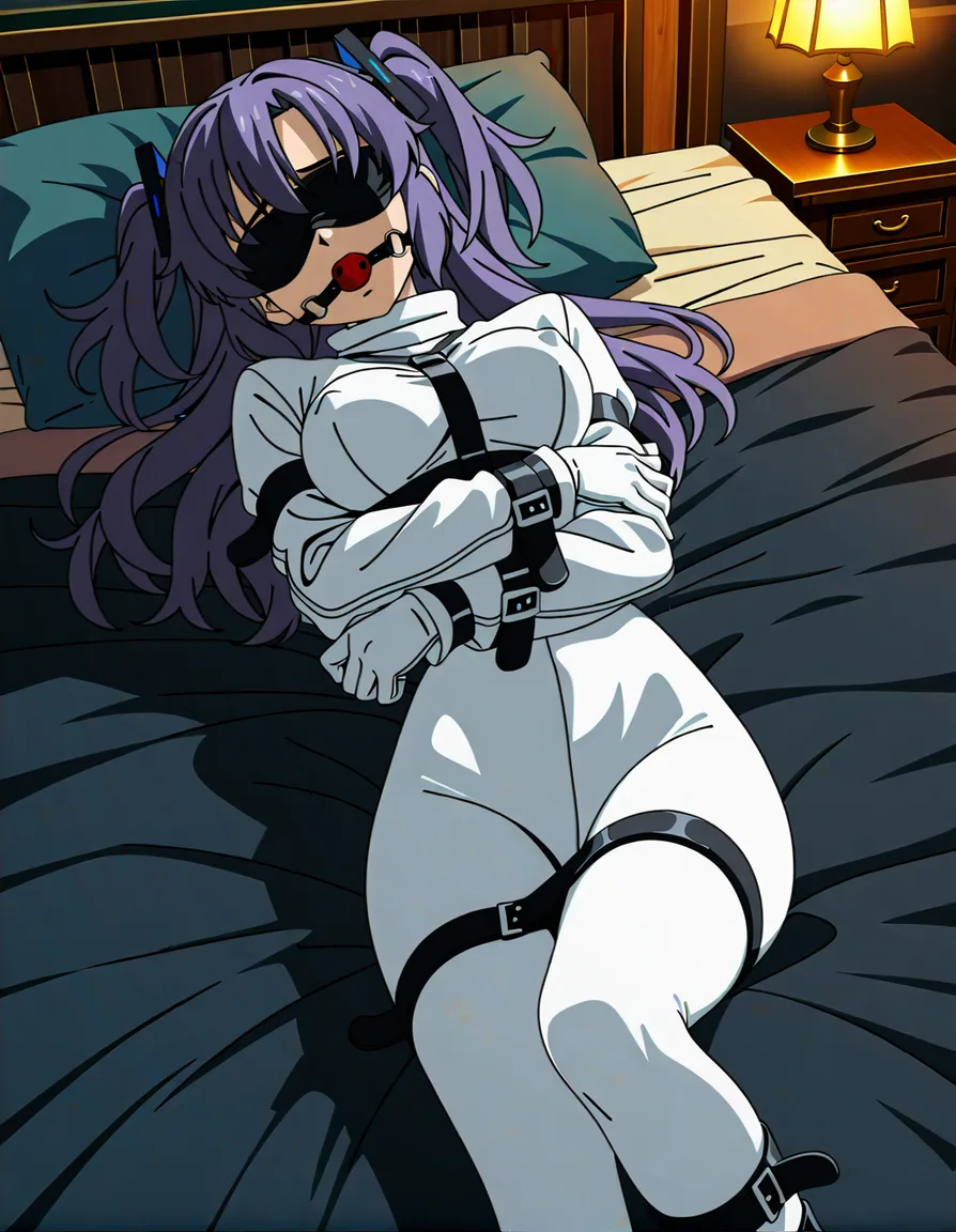 Hayase Yuuka, naked, straitjacket, lying on bed, pillow, white underwear, ball gag, blindfold, bound leg, restrained, white pantyhose, looking_at_viewer , indoors, bedroom, 1girl, bound arm, arm under breast, long sleeves, bdsm, covered nipples, (anime style:1.3), 2d, anime screencap, cel shading, flat color, white gloves, tied legs_together, tied leg, night dark bedroom (anime style:1.3), 2d, anime screencap, cel shading, flat color, (anime style:1.3), 2d, anime screencap, cel shading, flat color, (anime style:1.3), 2d, anime screencap, cel shading, flat color, hentai_studio_quality, (anime style:1.3), 2d, anime screencap, cel shading, flat color