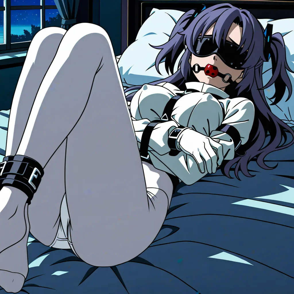 Hayase Yuuka, naked, straitjacket, lying on bed, pillow, white underwear, ball gag, blindfold, bound leg, restrained, white pantyhose, looking_at_viewer , indoors, bedroom, 1girl, bound arm, arm under breast, long sleeves, bdsm, covered nipples, (anime style:1.3), 2d, anime screencap, cel shading, flat color, white gloves, tied legs_together, tied leg, night dark bedroom (anime style:1.3), 2d, anime screencap, cel shading, flat color, (anime style:1.3), 2d, anime screencap, cel shading, flat color, (anime style:1.3), 2d, anime screencap, cel shading, flat color, hentai_studio_quality, (anime style:1.3), 2d, anime screencap, cel shading, flat color, (anime style:1.3), 2d, anime screencap, cel shading, flat color, @00osamio00