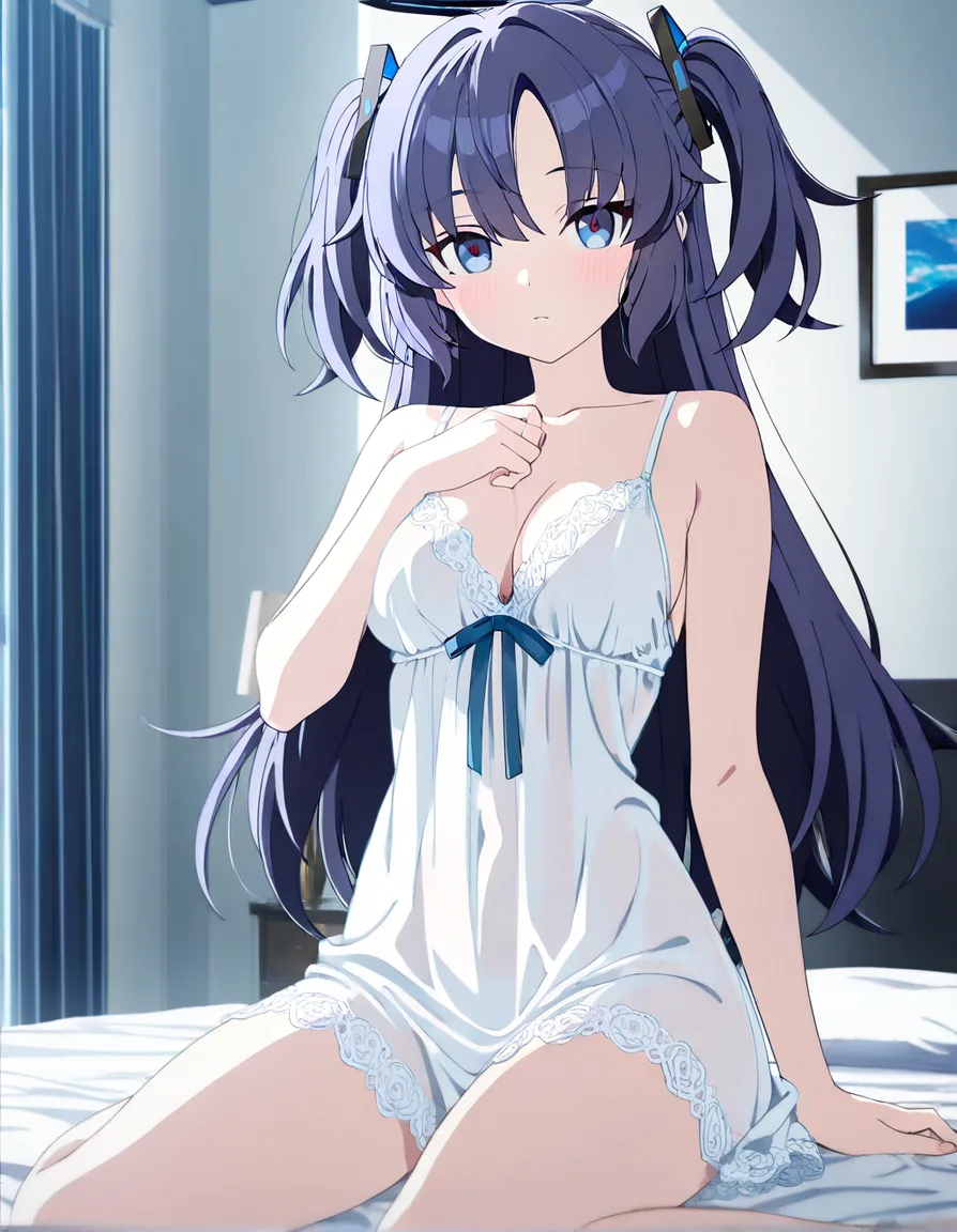 looking_at_viewer @yuuka_(blue_archive) sitting bed bedroom nightgown, (anime style:1.3), 2d, anime screencap, cel shading, flat color