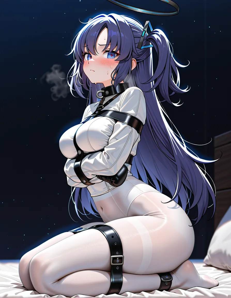 @yuuka_(blue_archive) #bedroom #seiza #1girl #blush #pillow #night #white_pantyhose #straitjacket #bound_arms #mittens #dark_background #arm_under_breasts #bound_legs, hentai_studio_quality, hentai_studio_quality
