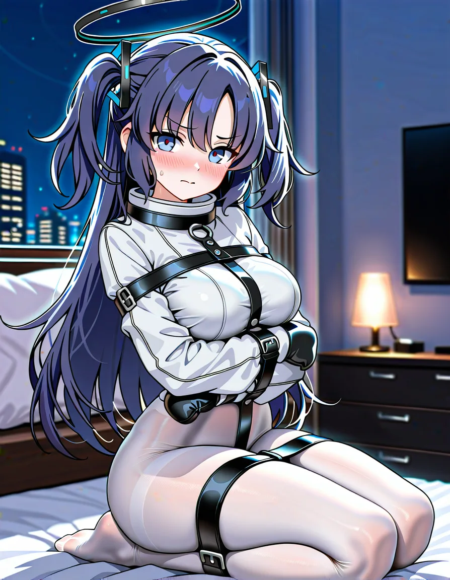 @yuuka_(blue_archive) #looking_at_viewer #bedroom #seiza #1girl #blush #pillow #night #white_pantyhose #straitjacket #bound_arms #mittens #dark_bedroom#arm_under_breasts #bound_legs, hentai_studio_quality,, hentai_studio_quality