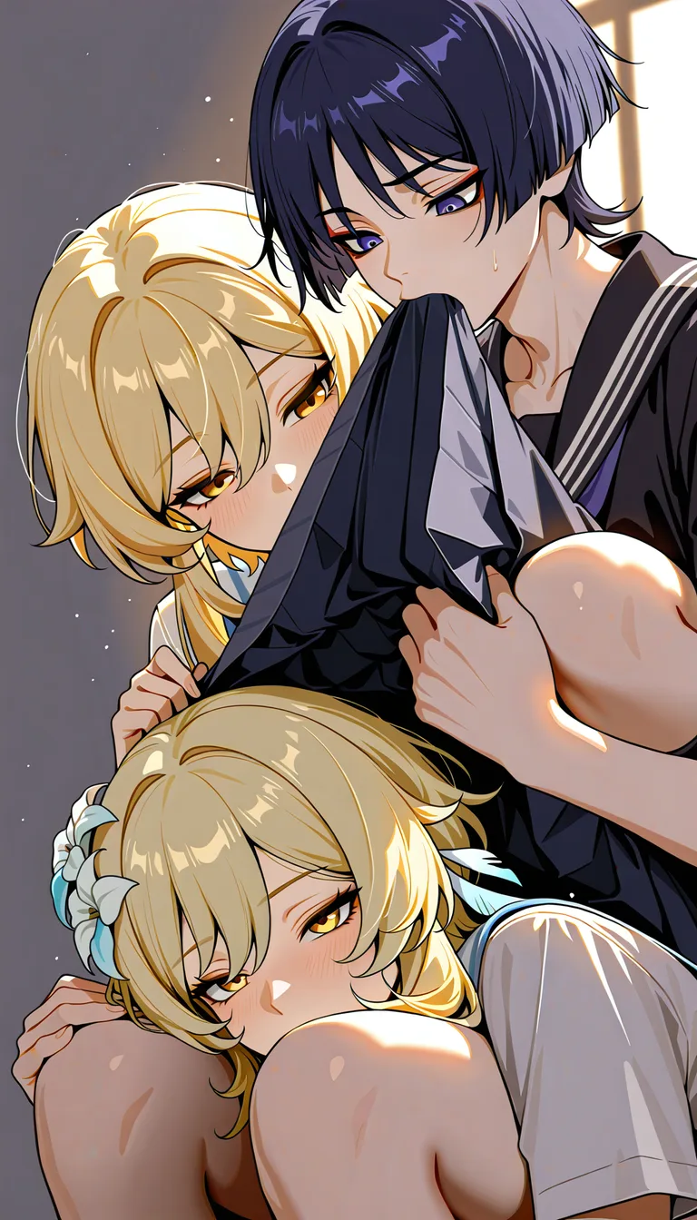 Masterpiece, best quality, highly detailed, 18+, explicit, only two characters, no other people in the scene, Scaramouche (Genshin Impact) is a male, Lumine (Genshin Impact) is a female, both faces clearly visible and fully shown, Lumine performing oral sex on Scaramouche, Lumine on her knees in front of him, school uniforms on both, partially opened or lifted, intimate oral scene, clean simple background, soft lighting, accurate character designs, male Scaramouche with short indigo hair, female Lumine with blonde hair and golden eyes, hentai_studio_quality, hentai_studio_quality, hentai_studio_quality