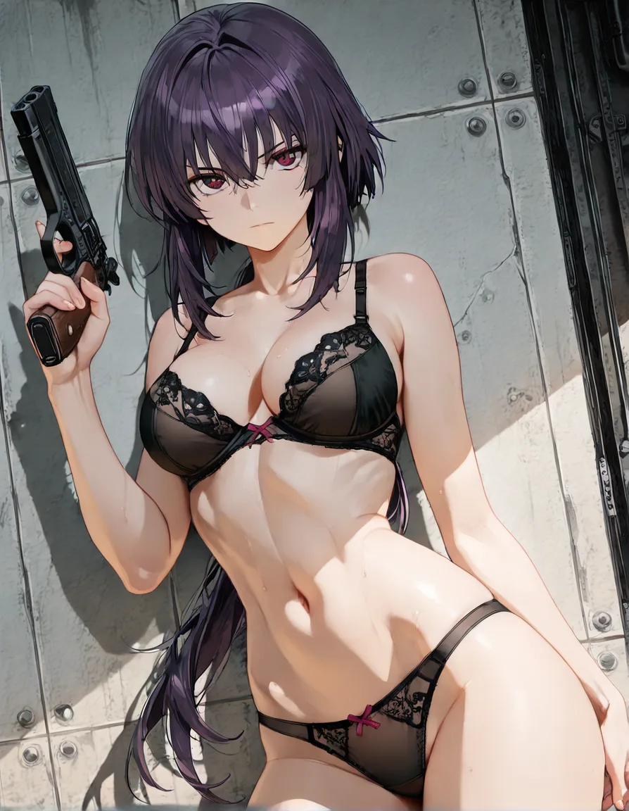 Motoko Kusanagi, medium_breasts , black bra and panties, serious look, holding a pistol, hentai_studio_quality
