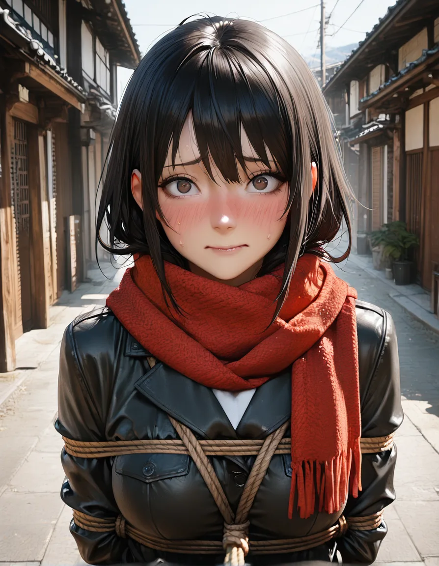 dslr, film grain, photorealistic, POV, 1girl, bondage, scarf, day, nervous blush, natural skin texture, hentai_studio_quality