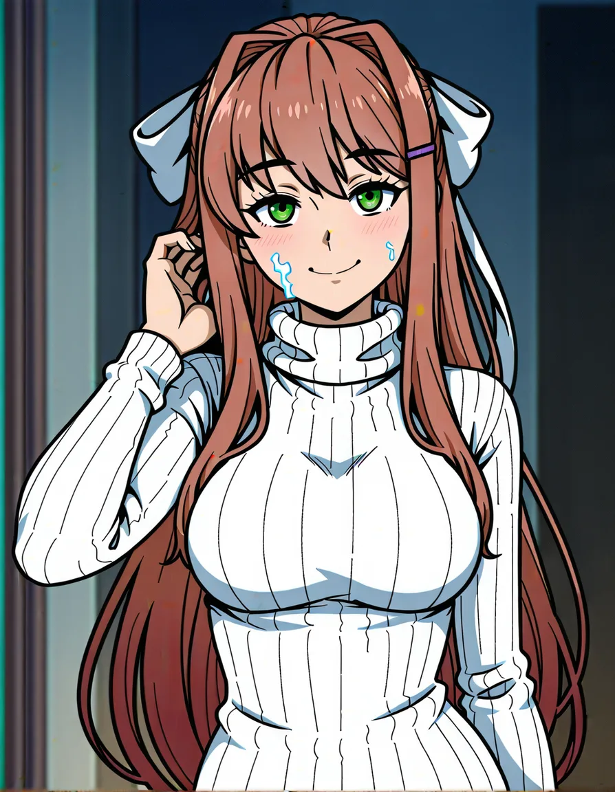akairiot_artstyle, @monika_(doki_doki_literature_club), 1girl, solo, hair_down, smile, blush, facial, white_sweater, standing, looking_at_viewer, (anime style:1.3), 2d, anime screencap, cel shading, flat color, @00osamio00