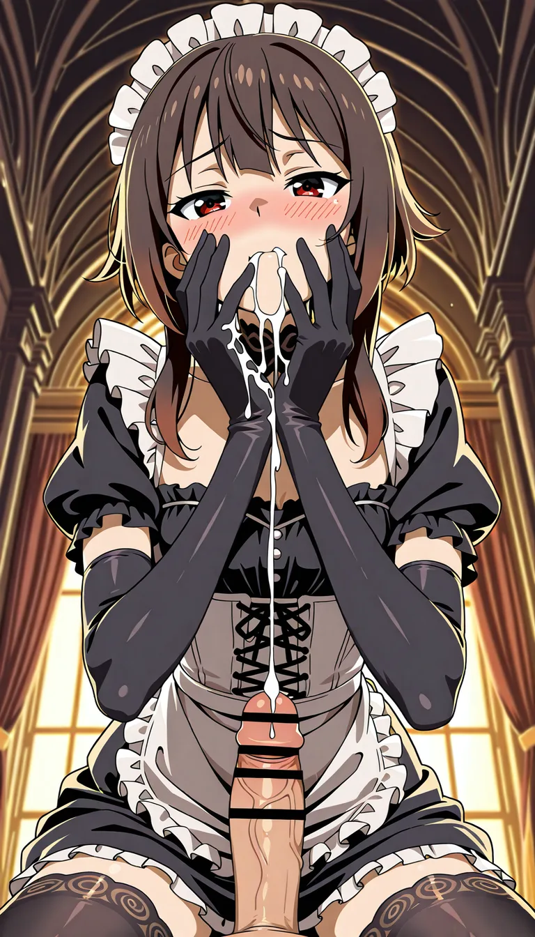 {a high-quality anime illustration|a lushly detailed digital painting|a vivid, high-contrast fanart piece} focusing on {a close-up|a dynamic mid-shot|an intimate low-angle view} of Megumin, portrayed as a {dedicated|flustered|mischievous} maid, engaged in an explicit act of {deep oral fellatio|passionate oral sex} with a male partner. Megumin's {short, chestnut-brown hair|brown bob} frames her face, which is marked by a {heavy, deep crimson|soft, shimmering|intense} blush and wide, {shining|dilated|longing} red eyes looking upward. She is dressed in a {classic|detailed|frilly} maid outfit featuring a {crisp white|lacy} maid headdress and a {dark black|midnight navy} dress, complemented by {sheer black|opaque|lace-trimmed} thighhighs. Her hands are encased in {elegant elbow-length black gloves|sleek satin black gloves} that contrast against her {pale, porcelain|soft, flushing} skin. The composition focuses on the {explicit|intense|messy} climax, with {thick, pearlescent|viscous, white|glistening} cum {overflowing from her lips|coating her mouth|dripping down her chin} as she takes the penis deep into her throat. The scene is set in a {sumptuous Victorian manor hallway|dimly lit servant's quarters|opulent private library}, with {soft bokeh|golden hour sunlight|muted ambient} lighting that highlights the {glistening textures of the fluids|sheen of the black gloves}. A {discrete, strategically placed|stylized, translucent|soft-edged} bar censor partially obscures the point of contact to add a tease of mystery, while the overall atmosphere is one of {raw desire|submissive service|overwhelming pleasure}, captured in a {sharp, clean line-art style|soft, painterly aesthetic|highly polished modern anime style}.