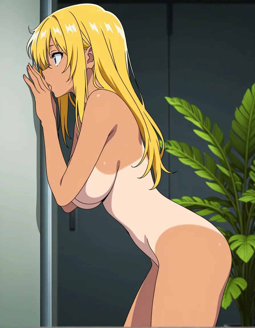 highres, vivid, redhead woman, blowjob, sideboob, plant, manga panel look naked blonde tan 18yo, (anime style:1.3), 2d, anime screencap, cel shading, flat color