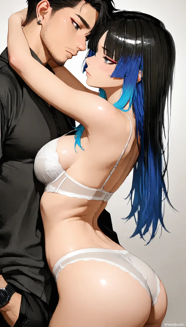 studio quality, sharp focus, couple, multicolored hair, underwear, arching back, volumetric light, photorealistic