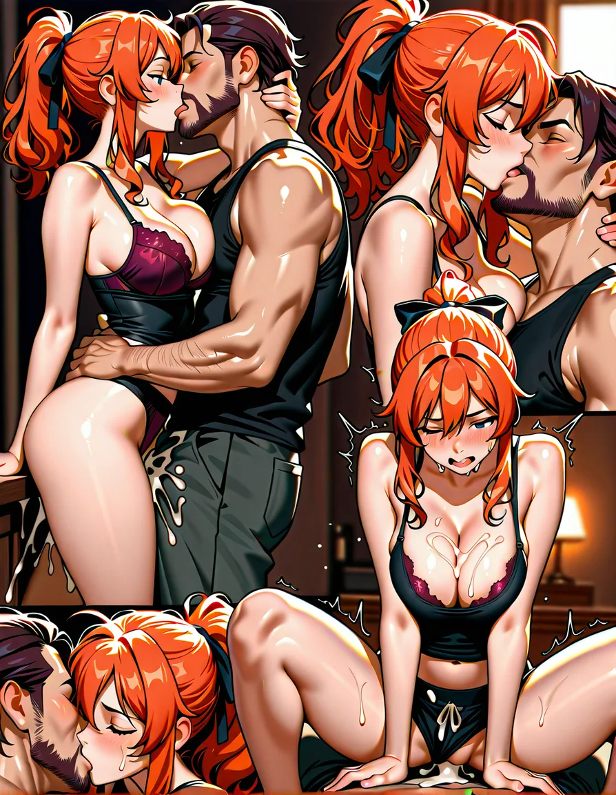 1girl with orange ponytail hair tied in red hair_ribbon wearing lavender bra, 1guy with brown wavy surfer hair with facial hair wearing black tank top, lustful expressions
sex, cum_overflow, cum_on_clothes, cumdrip, french_kiss, breasts_out, cum_on_breasts
Masterpiece, best quality, hentai_studio_quality