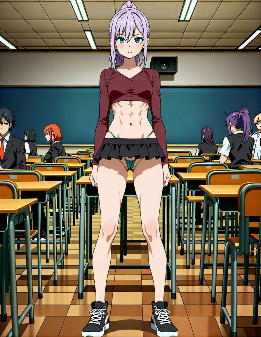 highly detailed, sharp, small_breasts, Lavender_hair, Aquamarine_eyes, straight_hair, straight-on, One_foot_on_chair, Burgundy crop_top, cleft_of_venus, turquoise microthong, standing, Black-sneakers, ponytail, hentai_studio_quality, cameltoe, pussy, abs, toned, black low-rise microskirt, , classroom, crowded, being watched, submissive, (anime style:1.3), 2d, anime screencap, cel shading, flat color