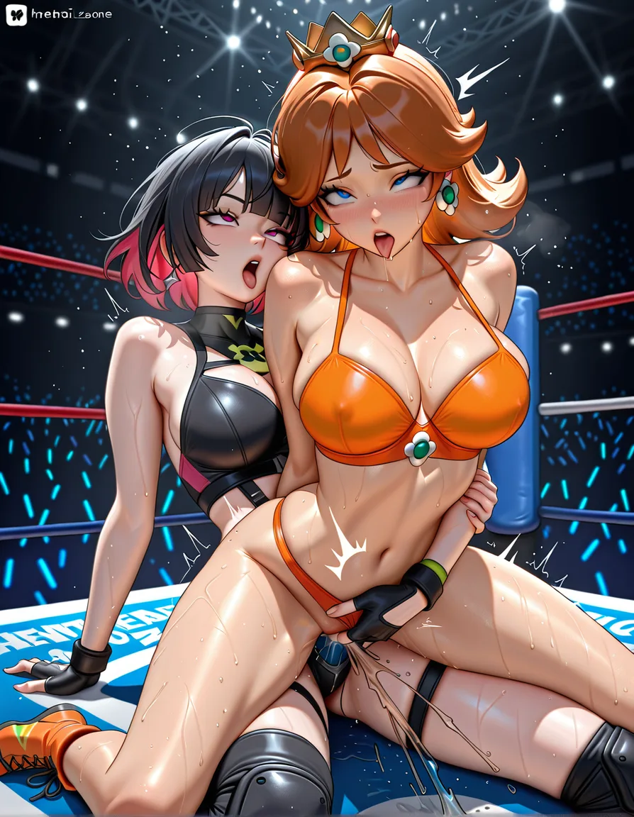 @jane_doe_(zenless_zone_zero) , @princess_daisy , yuri, wrestling, strapon, ahegao, squirting, hentai_studio_quality, hentai_studio_quality