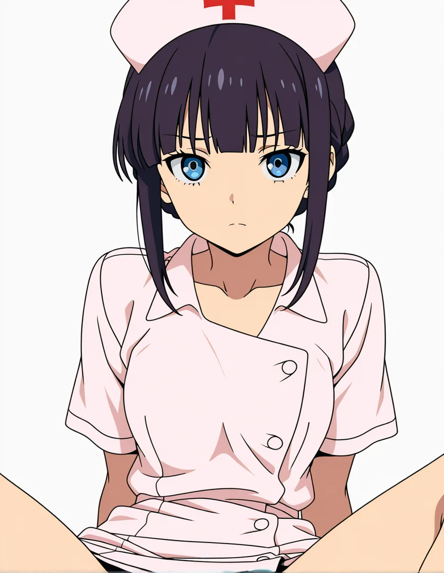 ultra detailed, nurse, spread legs, collarbone, sidelocks, white background, hentai style, (anime style:1.3), 2d, anime screencap, cel shading, flat color, @00osamio00