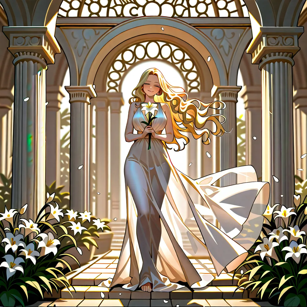 masterpiece, best quality, ultra-detailed, 8k uhd, anime style, 1girl, mature female, milf, beautiful detailed face, seductive smile, half-closed eyes, long blonde hair, wavy hair, hair flowing in wind, standing, full body, white dress, greek goddess dress, flowing white gown, toga, see-through silhouette, holding flower, white lily, lily stems in both hands, elegant pose, marble pergola, ancient greek architecture, white columns, winding branches, lily leaves, garden background, soft lighting, cinematic composition, depth of field, detailed background, ethereal atmosphere    HEPAGETSWAINESTSPYLETANDLEMBIEWIDERJECIONSERASSIFFHEARSINGSTICOM, hentai_studio_quality