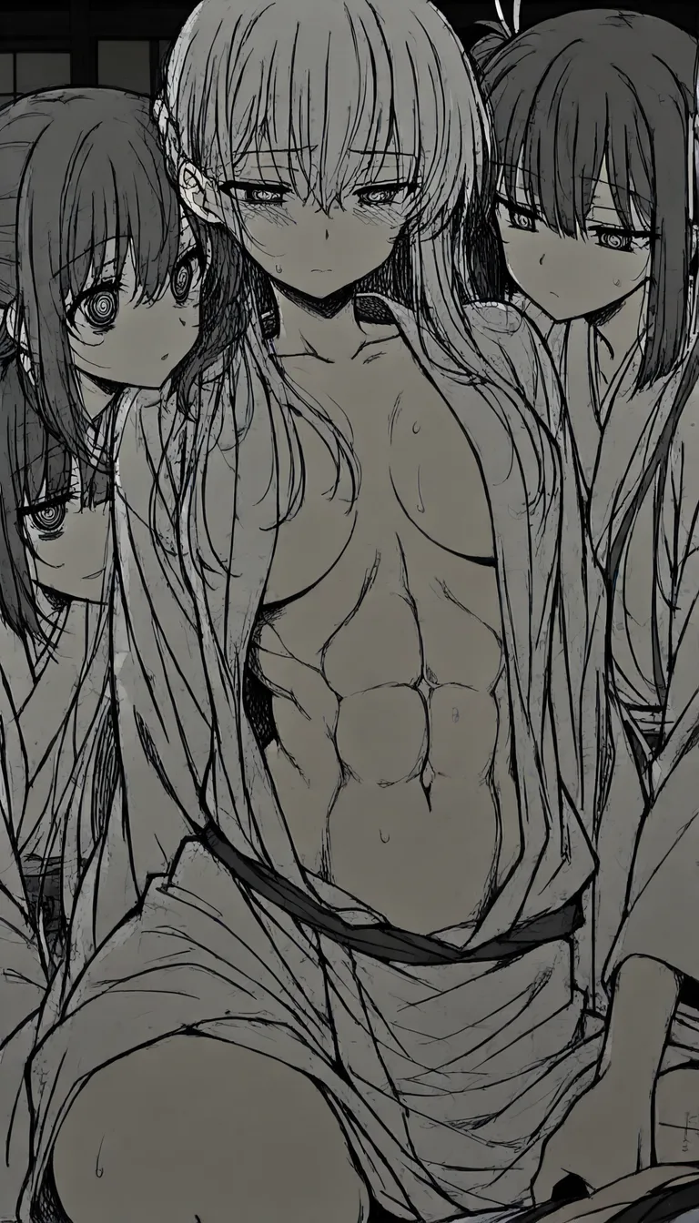 masterpiece, fine detail, 4girls, abs, japanese clothes, handjob, depth of field, lustful eyes, soft cel shading