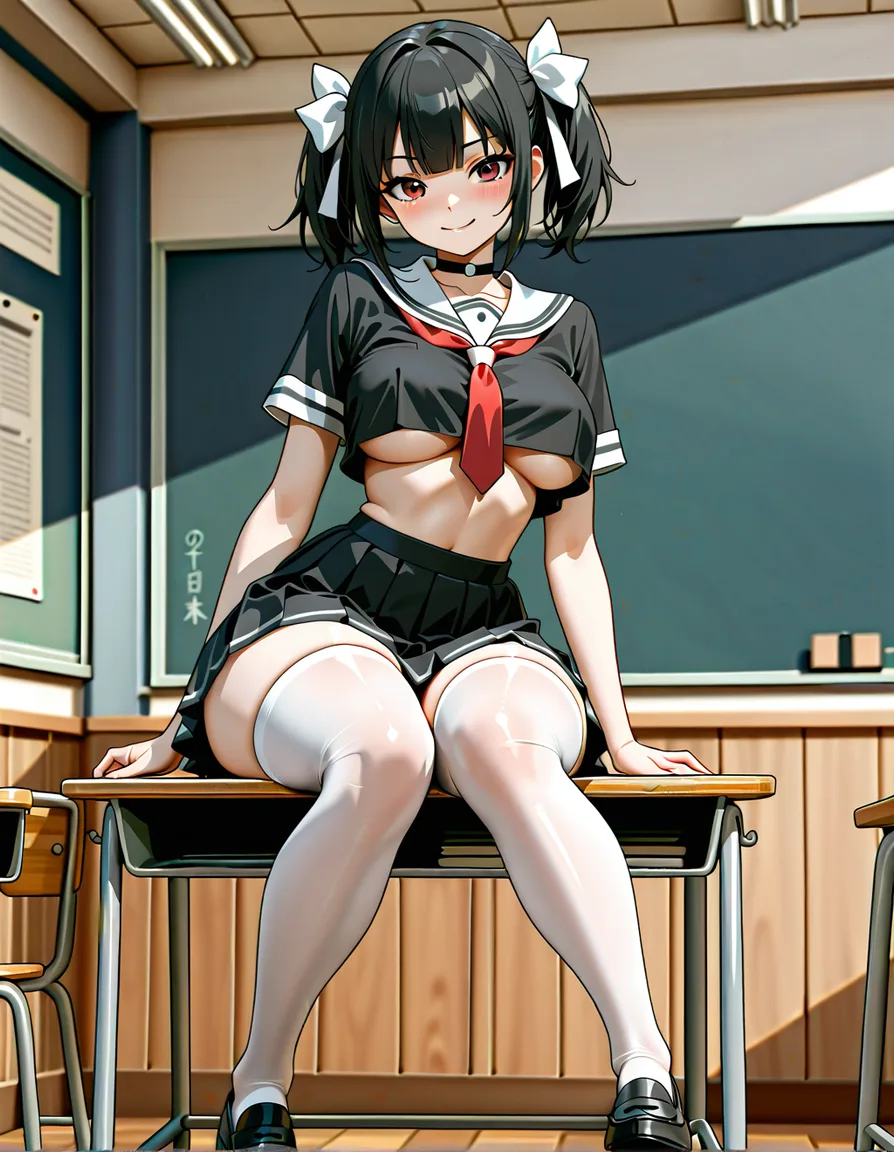 Adult anime woman, 18 years, black bob haircut with small twin tails tied with white ribbons, solid black choker, small red necktie, black short-sleeved Japanese school shirt with white collar and white accents, shirt cropped so the underboob is slightly visible, small modest bust, short black pleated skirt with white trim, white thigh-high stockings, black loafers, slim waist, thick thighs, large butt, sitting on a wooden school desk in a Japanese high school classroom, legs dangling, playful expression looking at viewer, full body, correct anatomy, high quality anime style, 4K, detailed, hentai_studio_quality