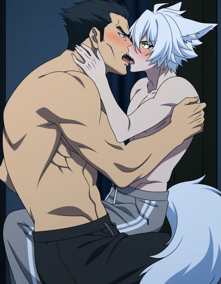 hentai_studio_quality, (anime style:1.3), 2d, anime screencap, cel shading, flat color. size_difference, yaoi, shorter boy, short black_hair, black eyes, dressed casual, blushing, french_kiss tall, handsome man, white hair, yellow_eyes, wolf_ears, wolf_tail, fangs, stubble, topless_male, muscular, sweatpants, glaring down at him BREAK japanese bedroom night, hentai_studio_quality, hentai_studio_quality, hentai_studio_quality