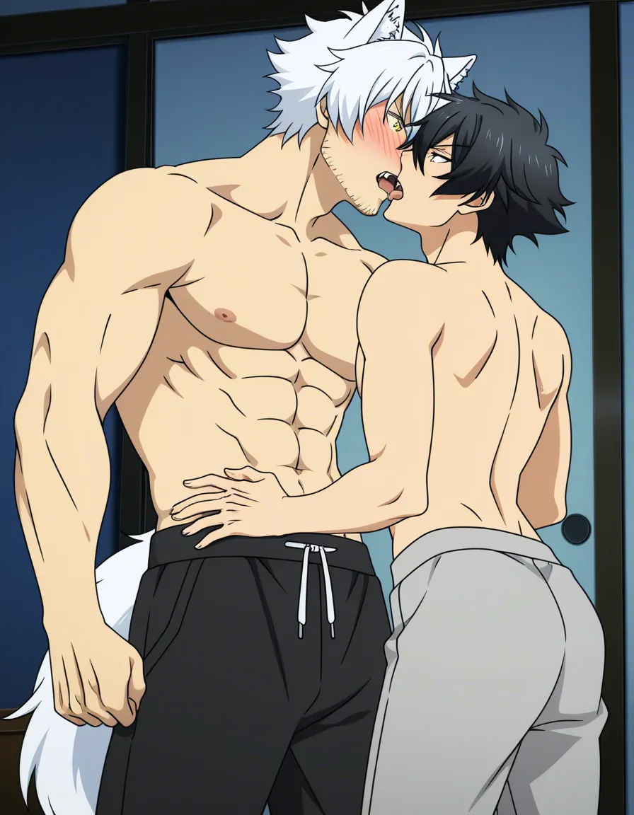 hentai_studio_quality, (anime style:1.3), 2d, anime screencap, cel shading, flat color. size_difference, yaoi, shorter boy, short black_hair, black eyes, dressed casual, blushing, french_kiss tall, handsome man, white hair, yellow_eyes, wolf_ears, wolf_tail, fangs, stubble, topless_male, muscular, sweatpants, glaring down at him BREAK japanese bedroom night, hentai_studio_quality, hentai_studio_quality, hentai_studio_quality, hentai_studio_quality