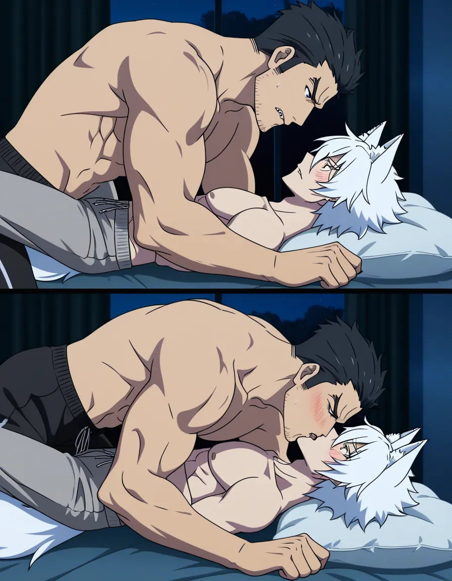 hentai_studio_quality, (anime style:1.3), 2d, anime screencap, cel shading, flat color. size_difference, yaoi, shorter boy, short black_hair, black eyes, dressed casual, blushing, laying on his back on a bed, french kissing a tall, handsome man, white hair, yellow_eyes, wolf_ears, wolf_tail, fangs, stubble, topless_male, muscular, sweatpants, glaring down at him BREAK bedroom night, hentai_studio_quality, hentai_studio_quality, hentai_studio_quality