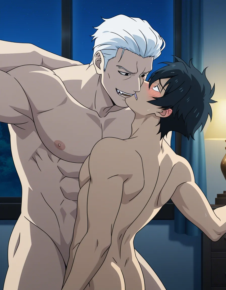 hentai_studio_quality, (anime style:1.3), 2d, anime screencap, cel shading, flat color. yaoi. size_difference. Shorter boy with short_hair, black_hair, black eyes, naked, blushing, being held by a tall, handsome man with short_hair, white_hair, vampire, biting his neck BREAK bedroom, night,, hentai_studio_quality