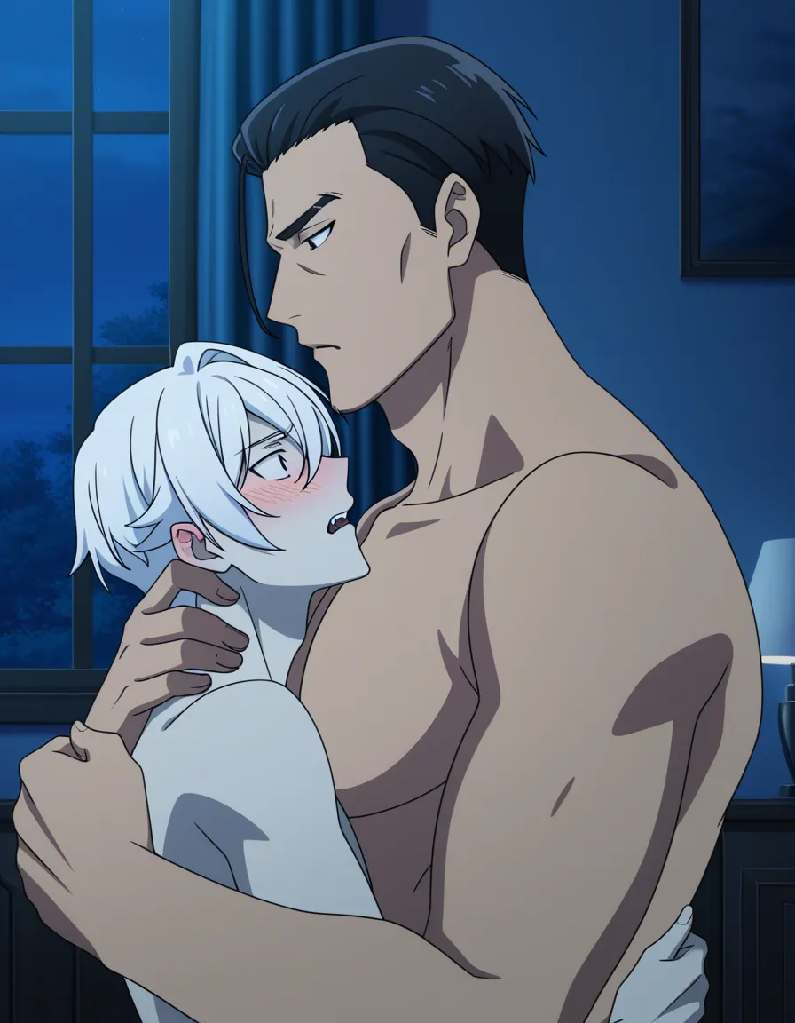 hentai_studio_quality, (anime style:1.3), 2d, anime screencap, cel shading, flat color. yaoi. size_difference. Shorter boy with short_hair, black_hair, black eyes, naked, blushing, being held by a tall, handsome man with short_hair, white_hair, vampire, biting his neck BREAK bedroom, night,, hentai_studio_quality, hentai_studio_quality