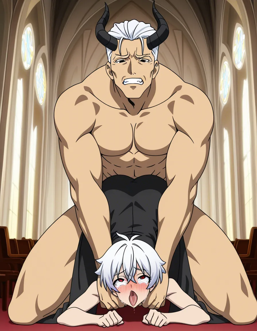 hentai_studio_quality, (anime style:1.3), 2d, anime screencap, cel shading, flat color yaoi, age_difference, size_difference.
shorter, younger man, short_hair, black_hair, black eyes, tears, blushing, ahegao, doggystyle, male_penetrated by tall, handsome man with white_hair, red_eyes, demon_horns, dressed like a priest BREAK inside church, hentai_studio_quality, hentai_studio_quality, hentai_studio_quality, hentai_studio_quality, hentai_studio_quality