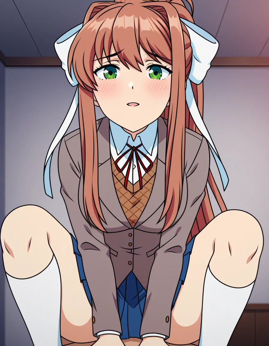 @monika_(doki_doki_literature_club) cowgirl_position,, (anime style:1.3), 2d, anime screencap, cel shading, flat color