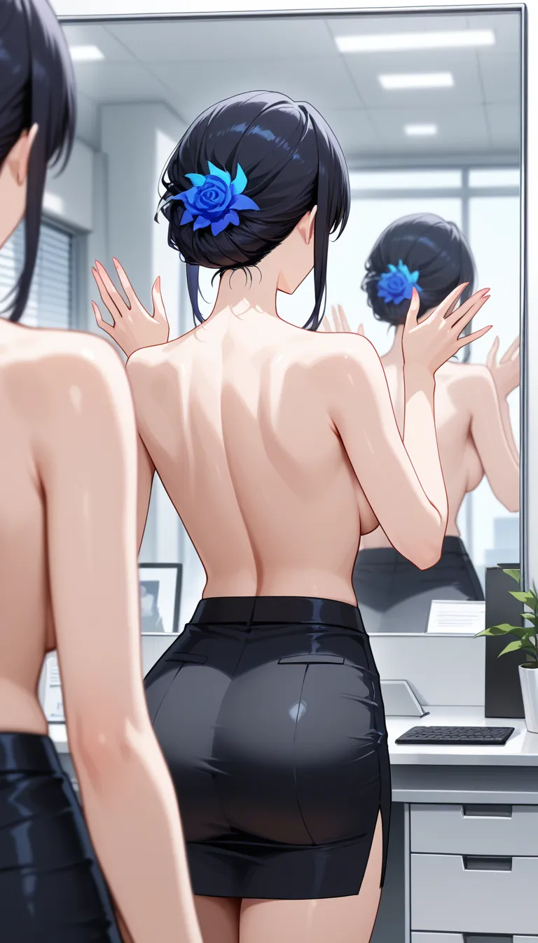 masterpiece, best quality, office lady, mirror reflection, topless, hands up, visual novel art, hentai_studio_quality