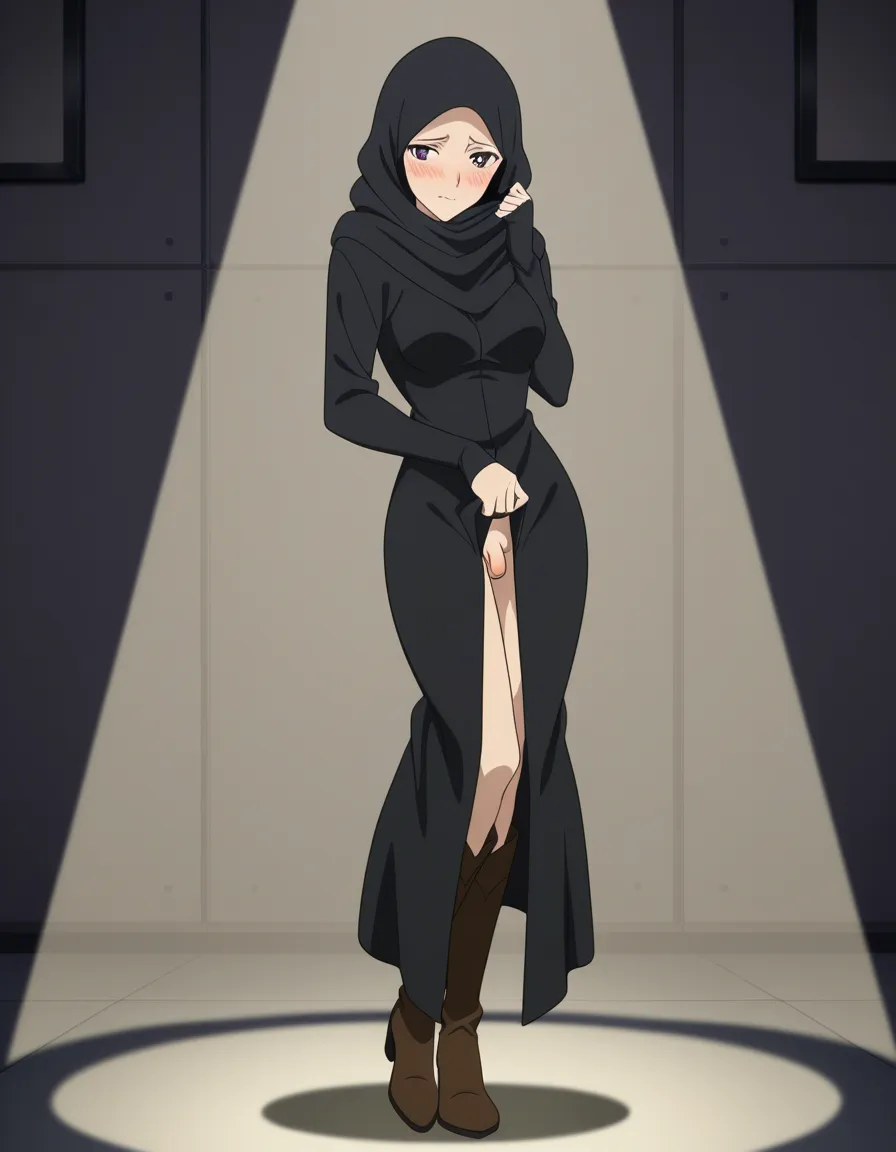 highly detailed, sharp, solo_focus ,otoko_no_ko ,boots, black_hijab, medium_breasts , small_penis,shy, dark_room, spotlight, (anime style:1.3), 2d, anime screencap, cel shading, flat color, @00osamio00