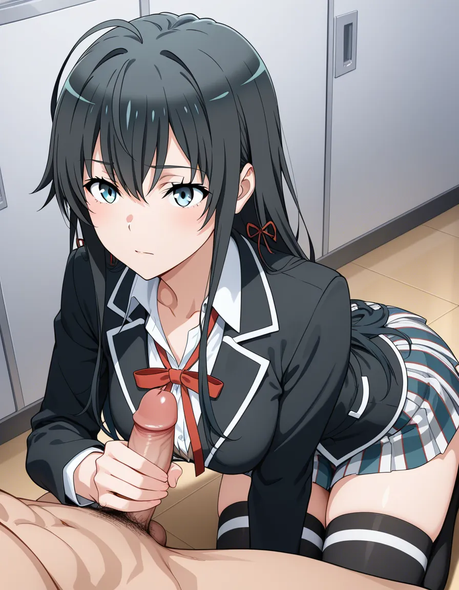 masterpiece, best quality, Yukino Yukinoshita, long_hair, black_hair, blue_eyes, school_uniform, miniskirt, thighhighs, handjob, penis, small_penis, hentai_studio_quality