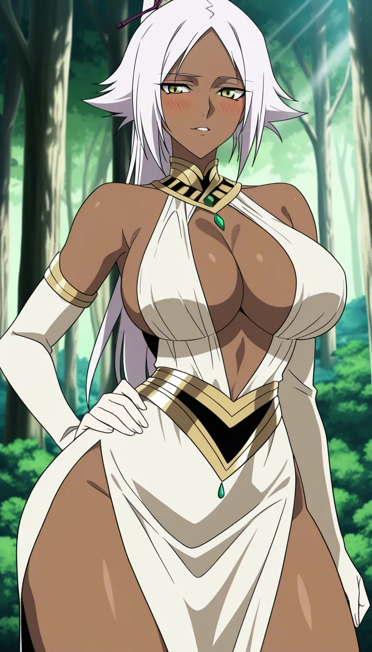 voluptuous body, large breasts, wide hips, thick thighs, long white hair, green eyes, elegant yet seductive expression, wearing a tight white and gold dress with deep cleavage and high side slits, standing in a soft magical forest light, one hand lightly resting on her hip, subtle blush, detailed skin, anime style @shihouin_yoruichi, (anime style:1.3), 2d, anime screencap, cel shading, flat color, @00osamio00
