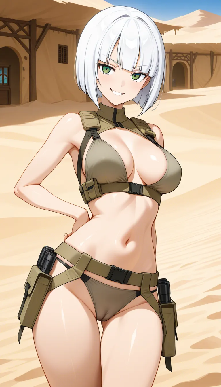 masterpiece, fine detail, Anime Female With Short bob cut White hair, white human skin, medium Breasts, Green Eyes, Cheeky Face, Taunting, hourglass body, Sand colour detailed closed combat outfit, panties, cameltoe, no gloves, village surroundings background, desert biome, eroge aesthetics, · Form-fitting khaki desert future outfit. No hentai_studio_quality.,, hentai_studio_quality