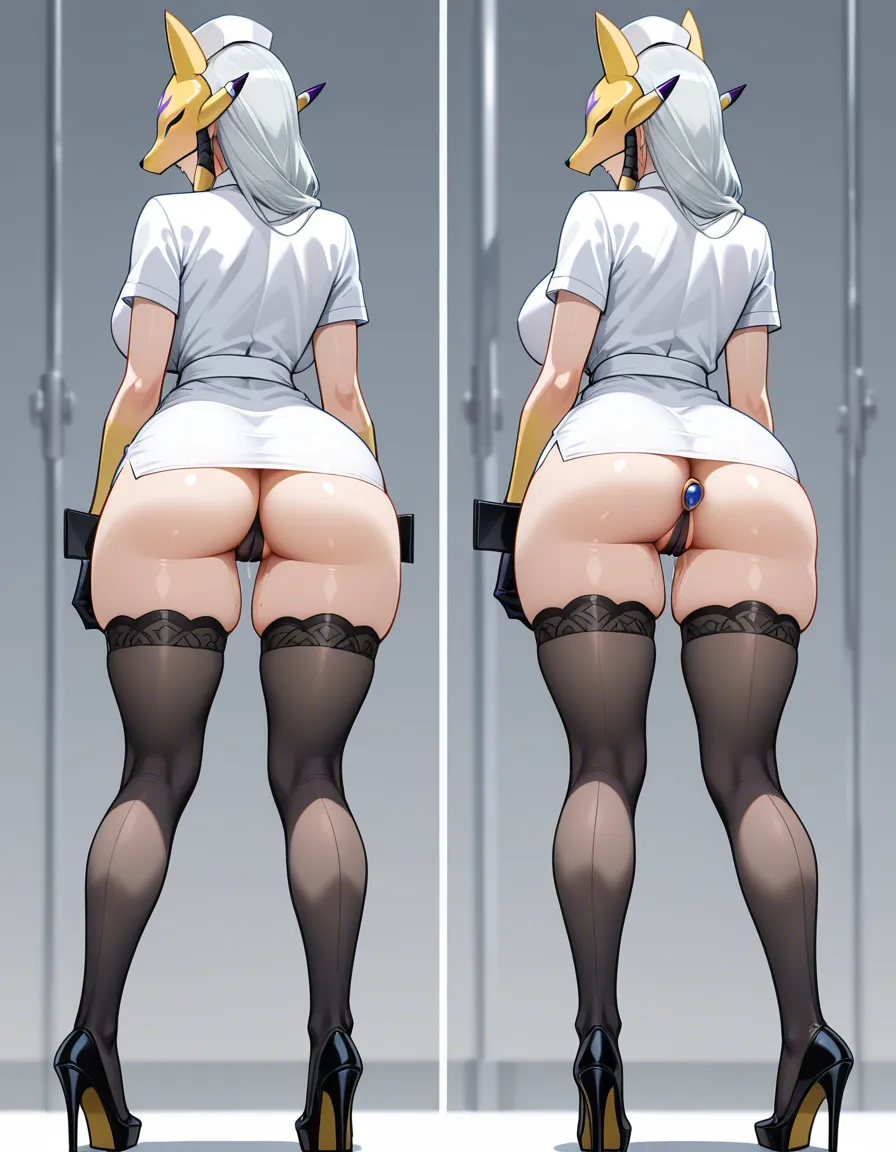 masterpiece, sakuyamon, hentai_studio_quality, highly_detailed, facing_away, thick_thighs, long_legs, high_heels, thighhighs, large_breasts, nurse, cameltoe, from_behind, pussy_juice, looking_above_shoulder, hentai_studio_quality, full_body, hentai_studio_quality, buttplug, hentai_studio_quality