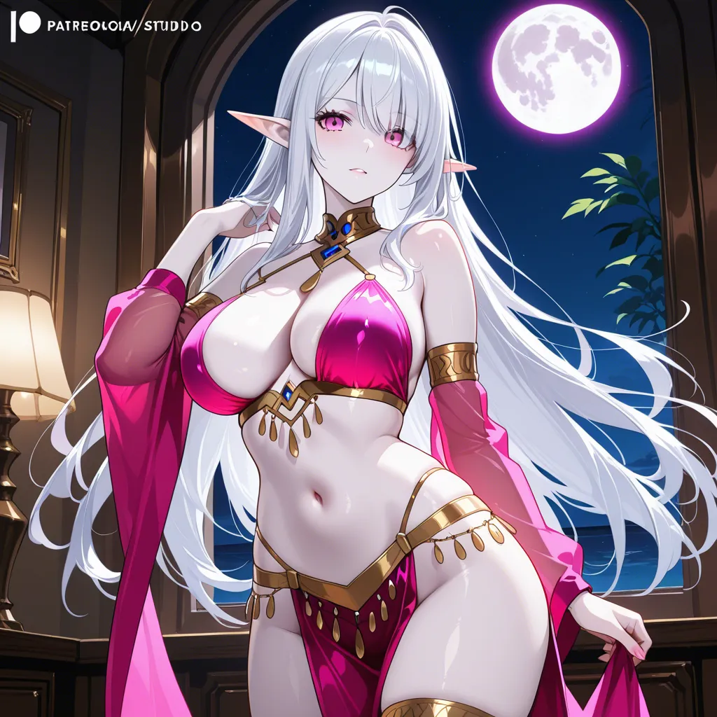 Anime Slaanesh big breast wide hips pink eyes pale skin long white hair pointy elf ears pink and black belly gold and silver dancer outfit in a room at night low lighting full moon