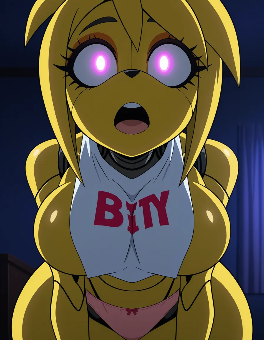 Anime five nights at Freddy's toy chica big breasts wide hips dark eyes white glowing Pupils yellow hair shiny yellow skin cyborg pink panties white party Bib in a room at night low lighting, deep throat,, (anime style:1.3), 2d, anime screencap, cel shading, flat color