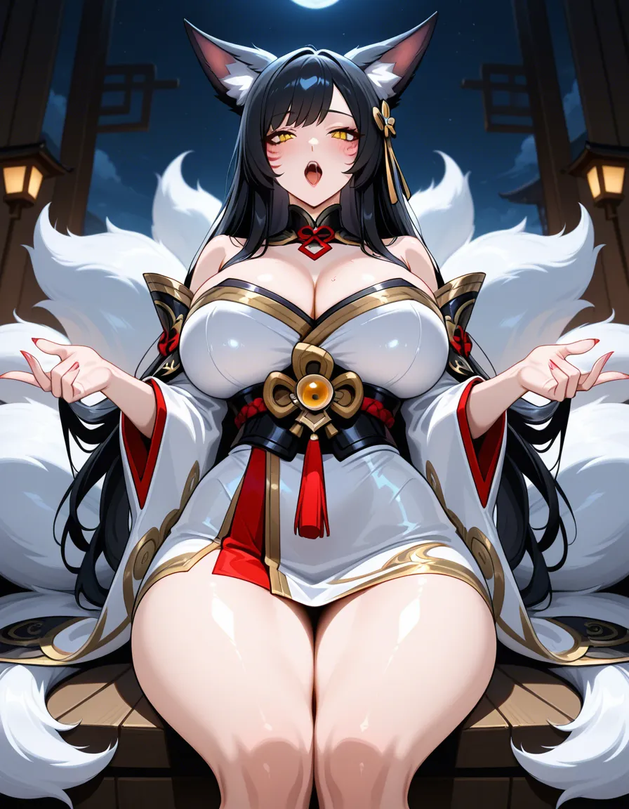 Anime league of legends ahri big breasts wide hips yellow eyes light skin black hair black fox ears nine white fox tails white and red kimono dress deep throat, hentai_studio_quality