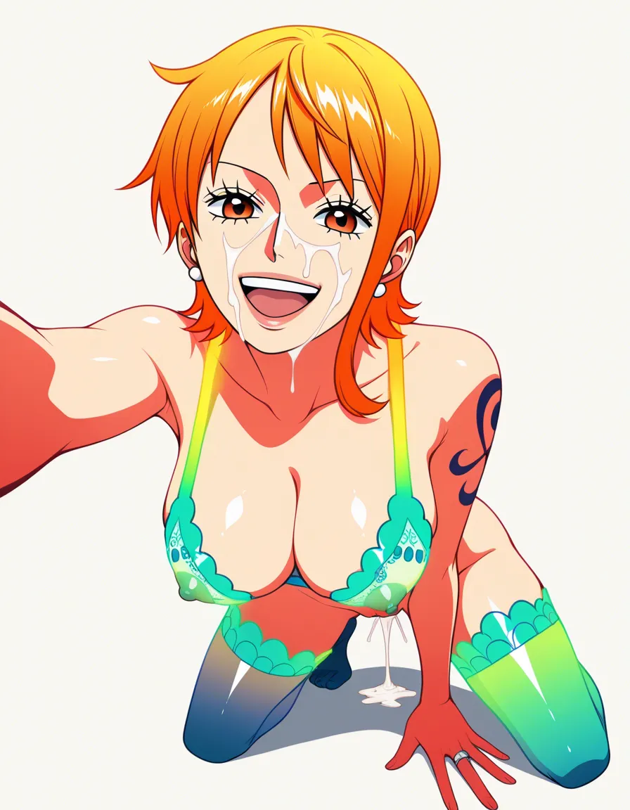 score_9_up, (one piece anime quality), One piece style animation, best quality, masterpiece, clean art, @nami one piece, long orange hair, small tits, tit job, orgasm, anime_studio_quality looking at viewer, happy screaming orgasm cum in pussy, rough sex, sexy, teal lace lingerie, teal lace stockings, tits exposed fucked, (SuperQuality:1), (SuperQuality:1.2), high saturation, vibrant colours, (2D style), anime quality, focus on girl, (no blurry faces), high face quality, clean blacklines, no deformities, AissistXLv2, lighting on girl, (minimum detail background), cum on face, (simple plain white background), one piece anime quality, one piece anime style, (lighting on girls face), ring light, best lighting quality 1girl, (Nami from One Piece), 8k, hdr, best resolution, detailed face, photorealistic, (one, piece), orgasm face, pleasure, pussy juice, taking selfie, see through clothes, see through bra, (brighter vibrant colour:1.8), full body view, translucent stockings lace, see through bra, aheago, (top down view), different sex positions, plain white background, feet above head, cel shading 2d flat colours, nami one piece anime face, (see through bra) perky tits small hard nipples, hentai_studio_quality