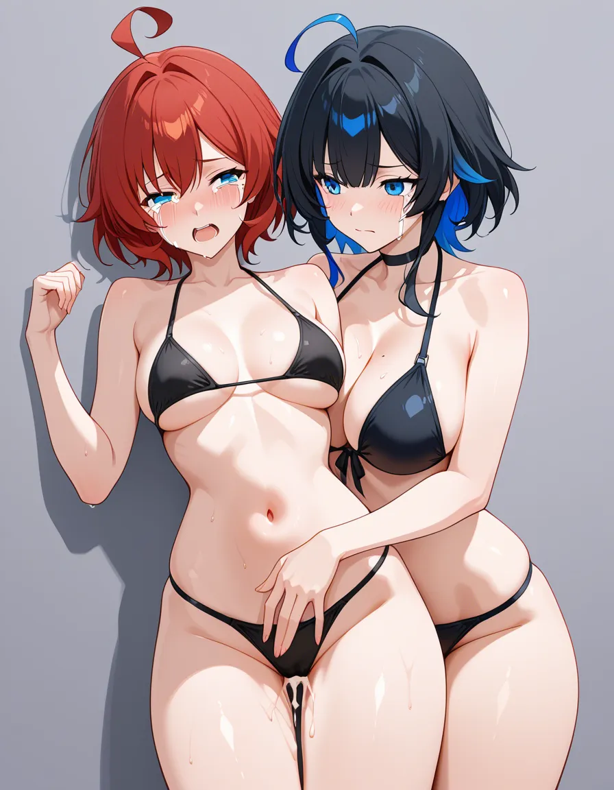 ultra detailed shading, 2girls, bikini, ahoge, simple background, eroge aesthetic,crying , creampie, hentai_studio_quality