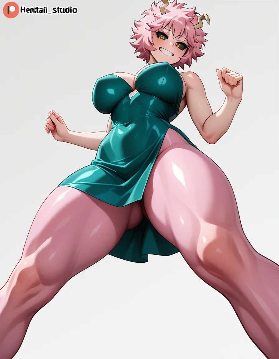Mina Ashido from the anime Boku no Hero Academia, large breasts, thick thighs, tight green dress that reaches her legs, sensual standing pose, white background, smile, pink body 

#ultra-detailed anime, hentai_studio_quality, hentai_studio_quality, hentai_studio_quality, hentai_studio_quality, hentai_studio_quality, hentai_studio_quality, hentai_studio_quality, hentai_studio_quality, hentai_studio_quality, hentai_studio_quality