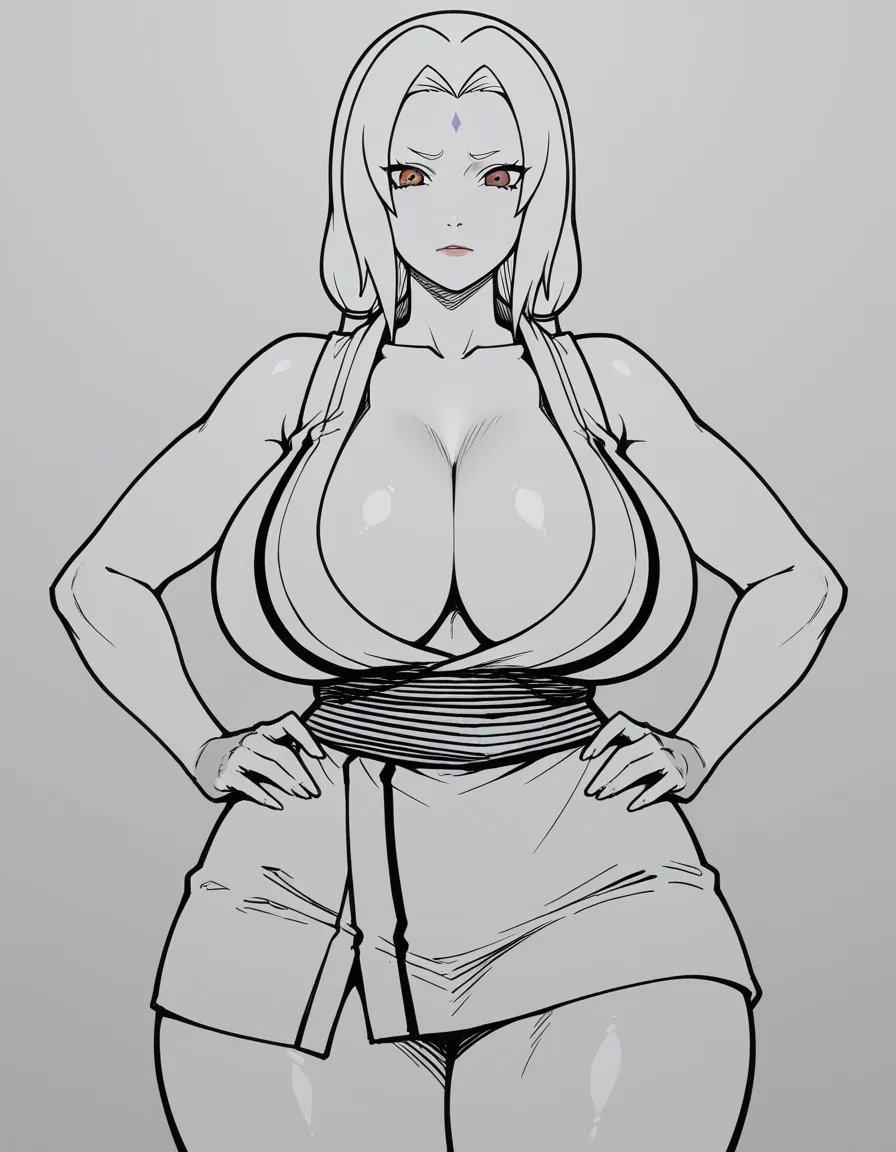 Mature female, MILF, Tsunade from Naruto, large breasts, thick thighs, athletic body, hands on her hips, tired face, white background.
ultra-detailed, sharp focus, 8k, absurdres, very detailed, high resolution, illustration, anime-influenced., hentai_studio_quality