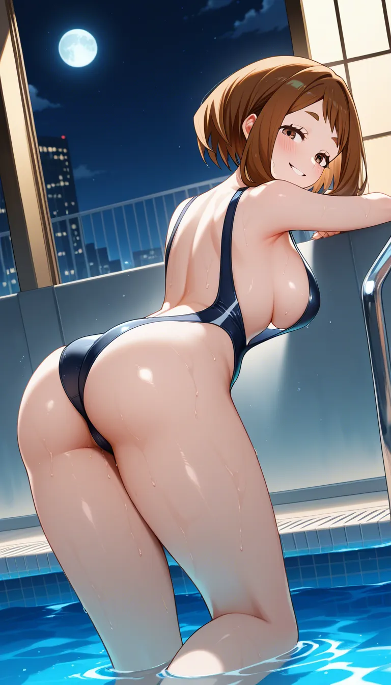 best quality, explicit detail,@uraraka_ochaco,18+ , brown_hair , perfect body,rounded hips,  detailed body, medium_breasts , (black backless open sides open belly, open breast swimsuit: 1.0), night, night moon soft smooth dim light, seductive smile, emerges from the pool, leaning on the edge of the pool with his hands, Inside the house pool, behind back view, hentai_studio_quality