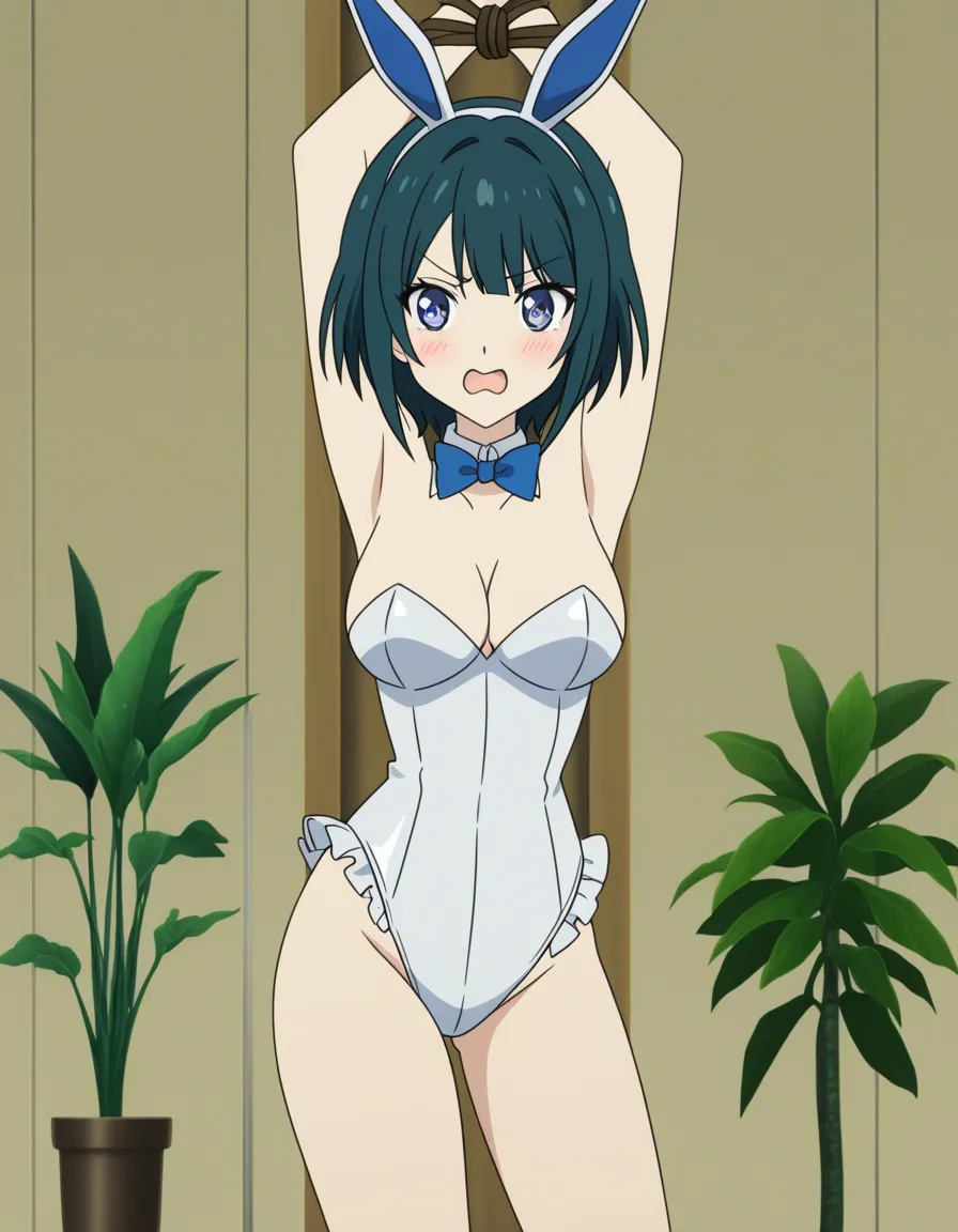 ultra detailed shading, bunny girl, arms up, frills, bondage, plant, playful expression, soft cel shading, (anime style:1.3), 2d, anime screencap, cel shading, flat color, @00osamio00