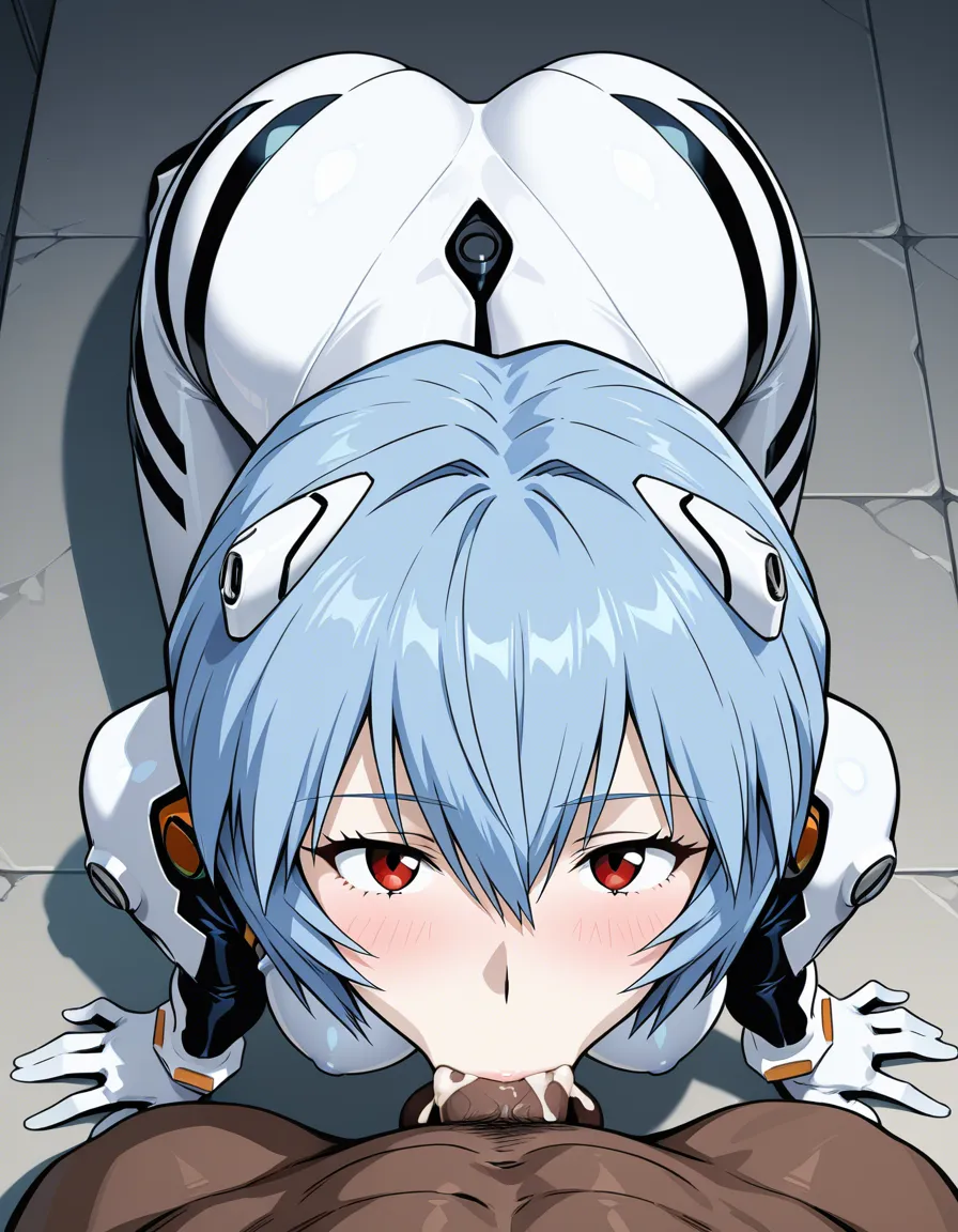 @ayanami_rei, bodysuit, white_skin, interracial, fellatio, from_above, cum_in_mouth, hentai_studio_quality